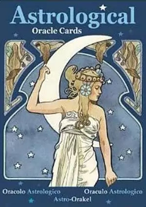 Astrological Oracle Cards by Lunaea Weatherstone — illustrated deck box with celestial art showing planets and zodiac imagery.