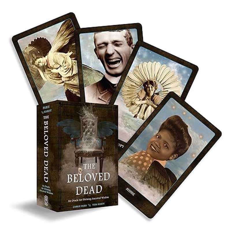 Beloved Dead Oracle deck cards and box by Carrie Paris and Tina Hardt showing illustrated ancestral spirit characters alongside the full guidebook for spirit communication.