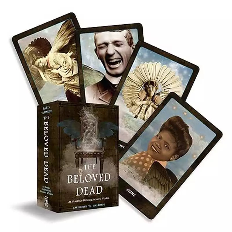 Beloved Dead Oracle deck cards and box by Carrie Paris and Tina Hardt showing illustrated ancestral spirit characters alongside the full guidebook for spirit communication.