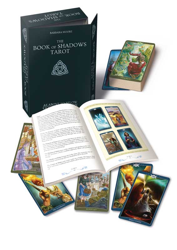 Book of Shadows Tarot two-deck set by Barbara Moore — box with guidebook and illustrated cards showing mystical As Above So Below Wiccan tarot imagery.
