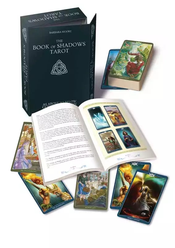 Book of Shadows Tarot two-deck set by Barbara Moore — box with guidebook and illustrated cards showing mystical As Above So Below Wiccan tarot imagery.