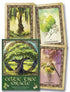 Three Celtic Tree Oracle cards by Sharlyn Hidalgo featuring illustrated sacred trees — Ogham divination cards with botanical art for Celtic spiritual practice.