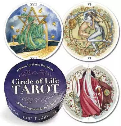 Circle of Life Tarot round cards by Maria Distefano with circular box — three illustrated circular tarot cards showing symbolic cyclical imagery.