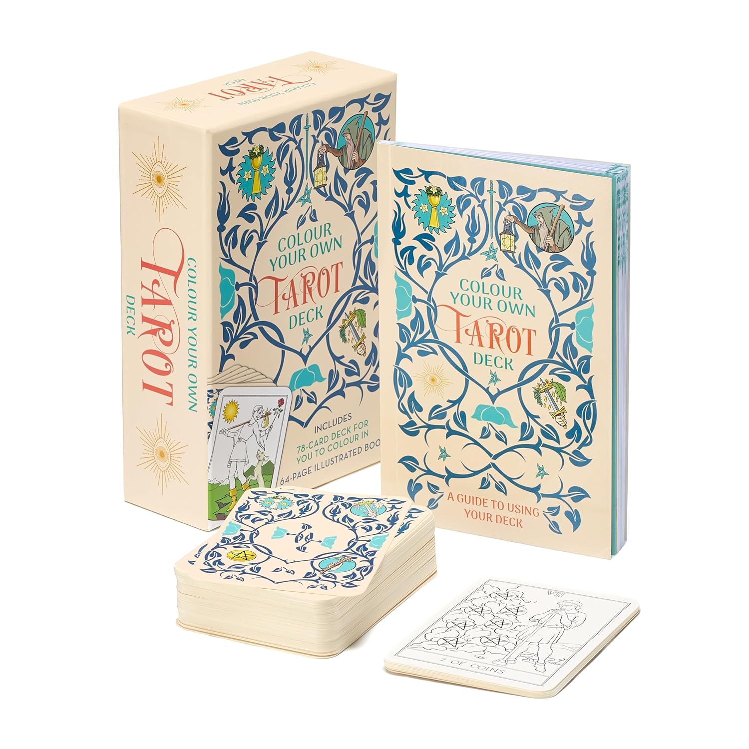 Color Your Own Tarot deck set displayed with decorative box, guidebook, and a visible stack of floral-patterned tarot cards.