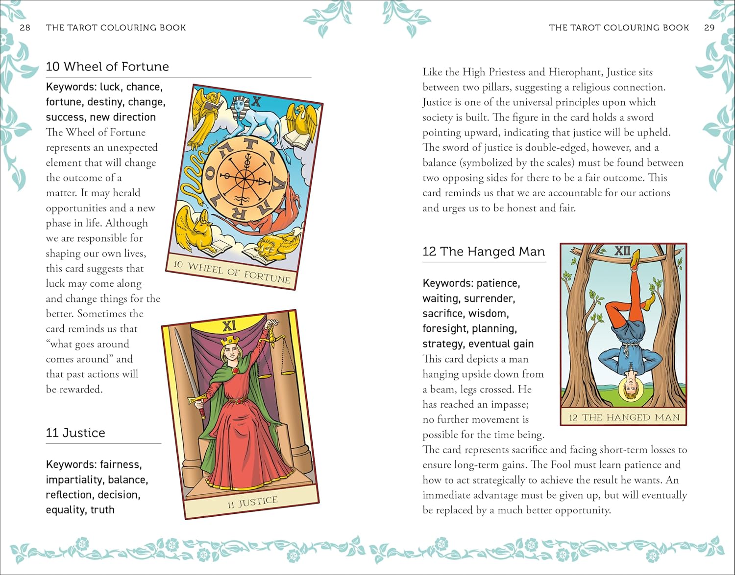 Guidebook page for Color Your Own Tarot showing illustrated Wheel of Fortune, Justice, and Hanged Man cards with meanings and interpretations.