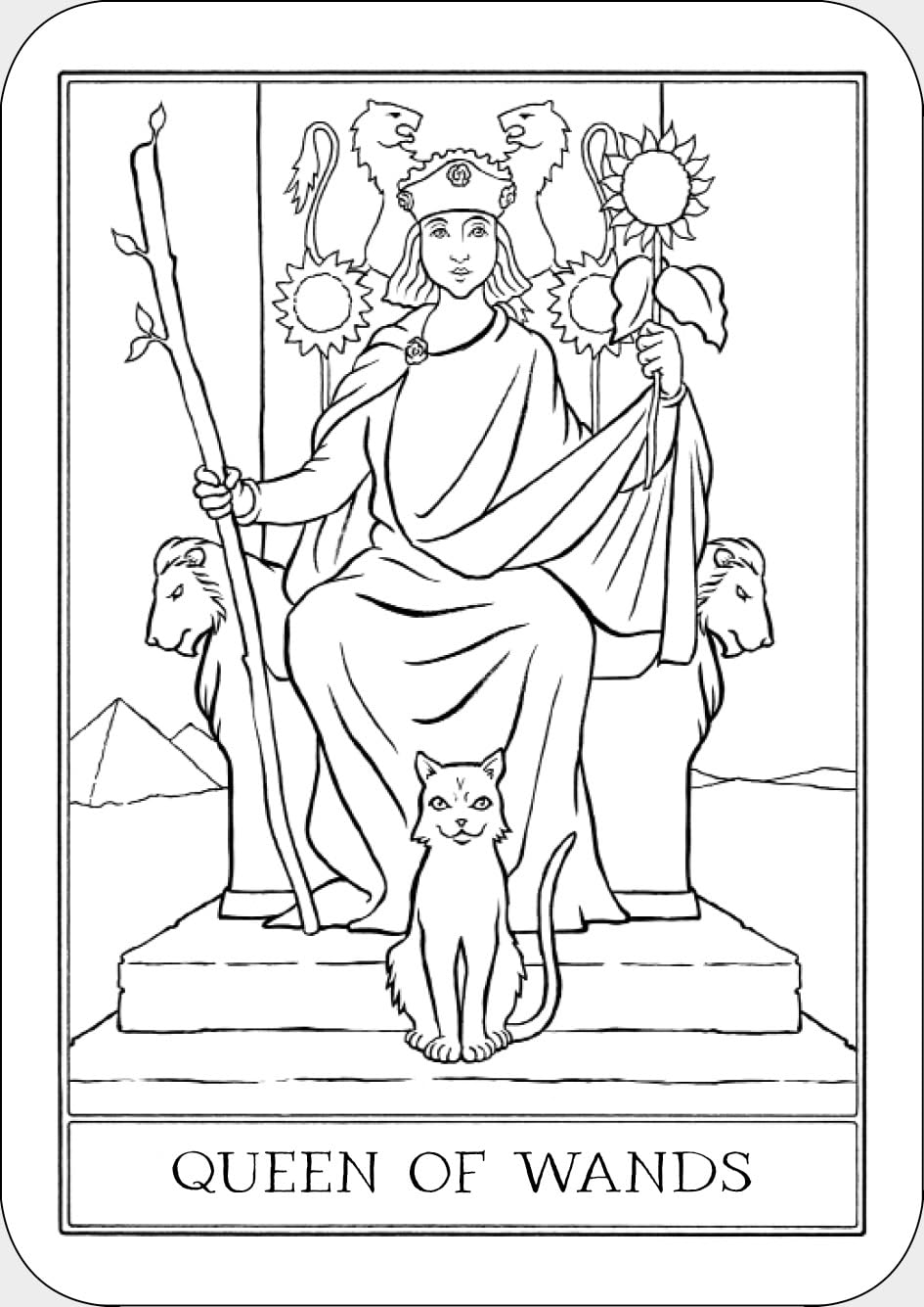 The Queen of Wands tarot card showing a regal figure on a lion throne holding a wand, sunflowers framing the scene and a cat at her feet.
