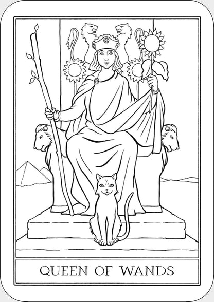 The Queen of Wands tarot card showing a regal figure on a lion throne holding a wand, sunflowers framing the scene and a cat at her feet.