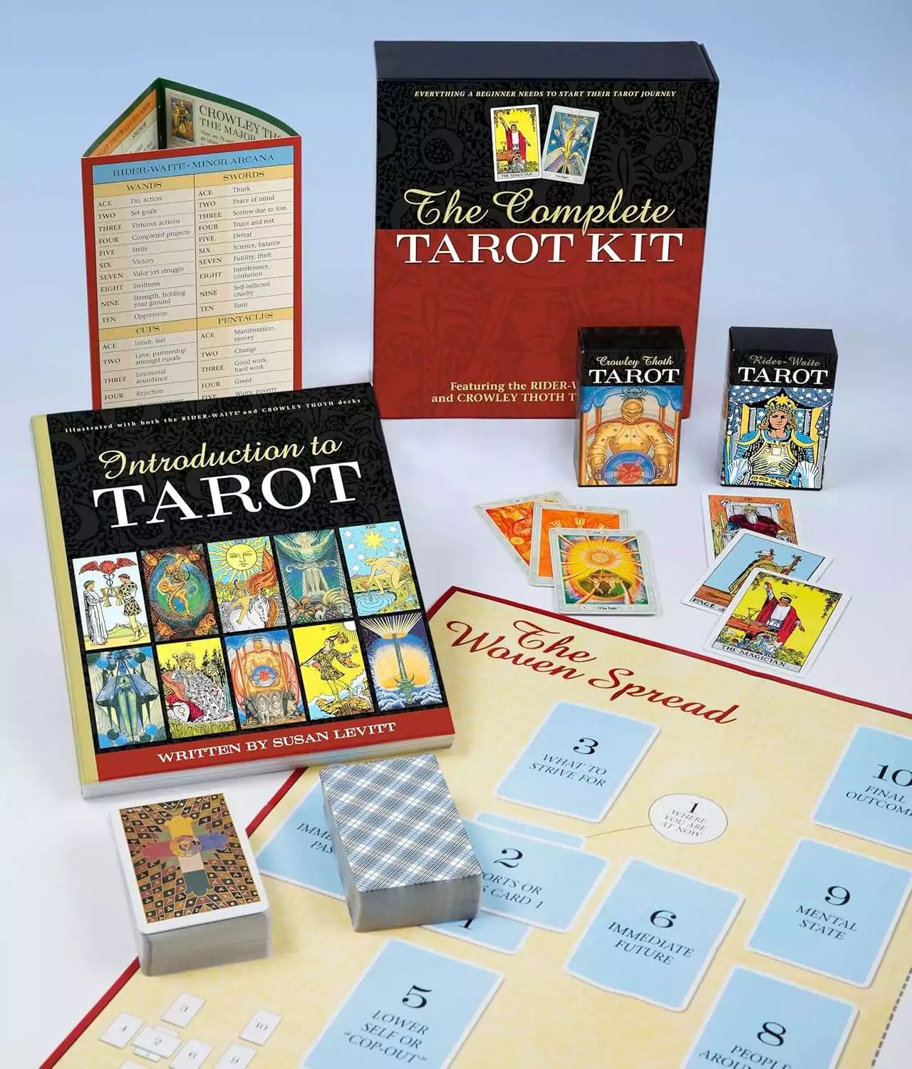 Complete Tarot Kit displayed with guidebook, two tarot decks, and a spread layout board arranged on a light background.