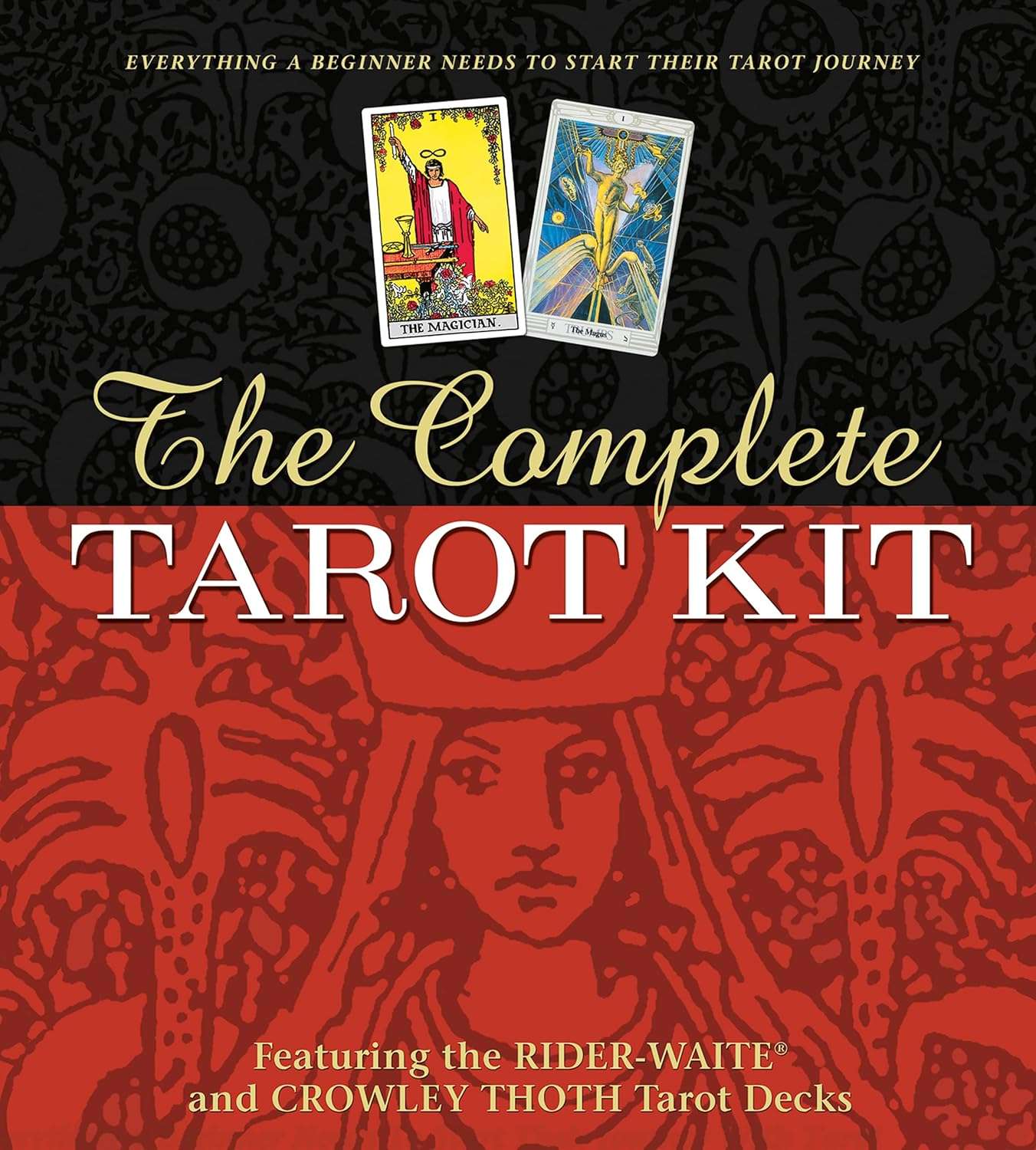 Introduction to Tarot guidebook page showing beginner instructions for the Rider-Waite and Crowley Thoth systems with illustrated tarot card examples.