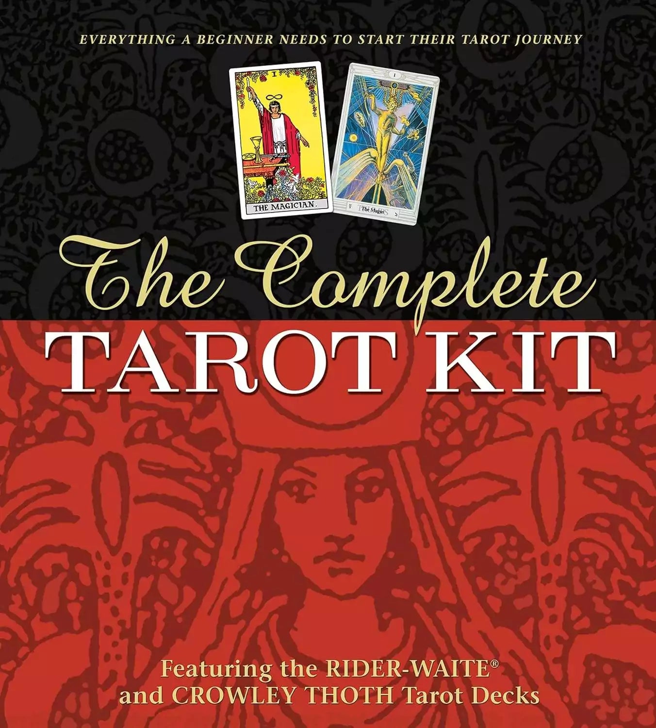 Introduction to Tarot guidebook page showing beginner instructions for the Rider-Waite and Crowley Thoth systems with illustrated tarot card examples.
