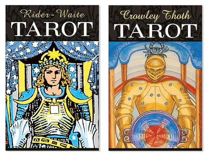 Two tarot decks side by side: Rider-Waite deck on the left showing a knight in armor, Crowley Thoth deck on the right with a golden figure.