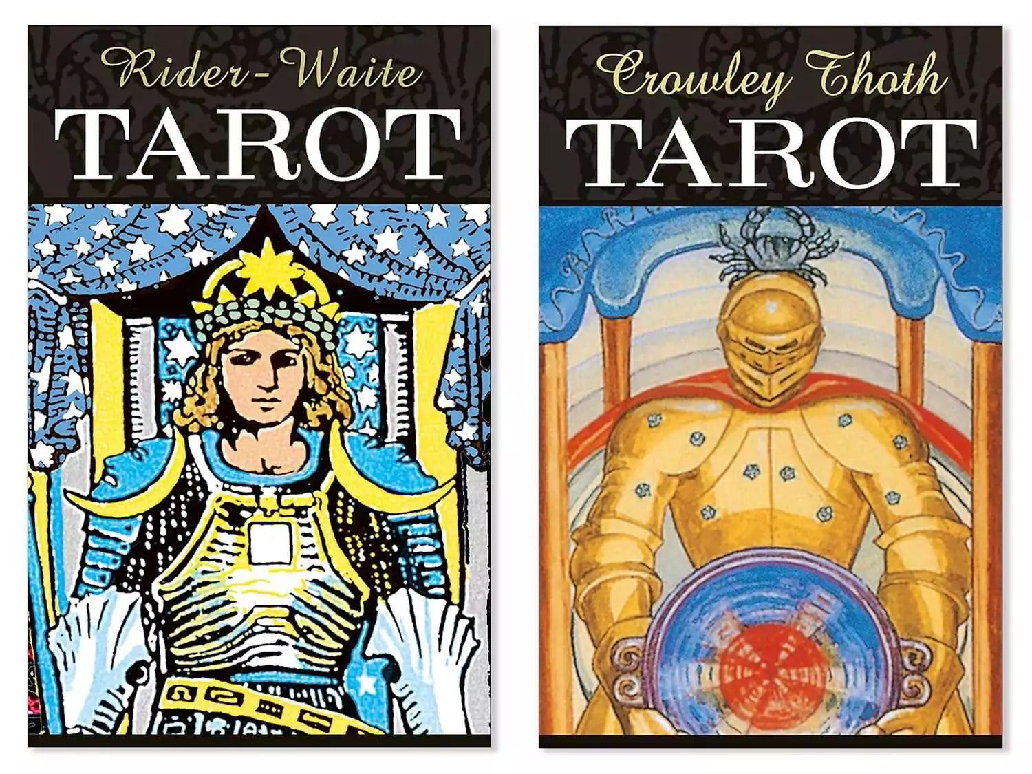 Two tarot decks side by side: Rider-Waite deck on the left showing a knight in armor, Crowley Thoth deck on the right with a golden figure.