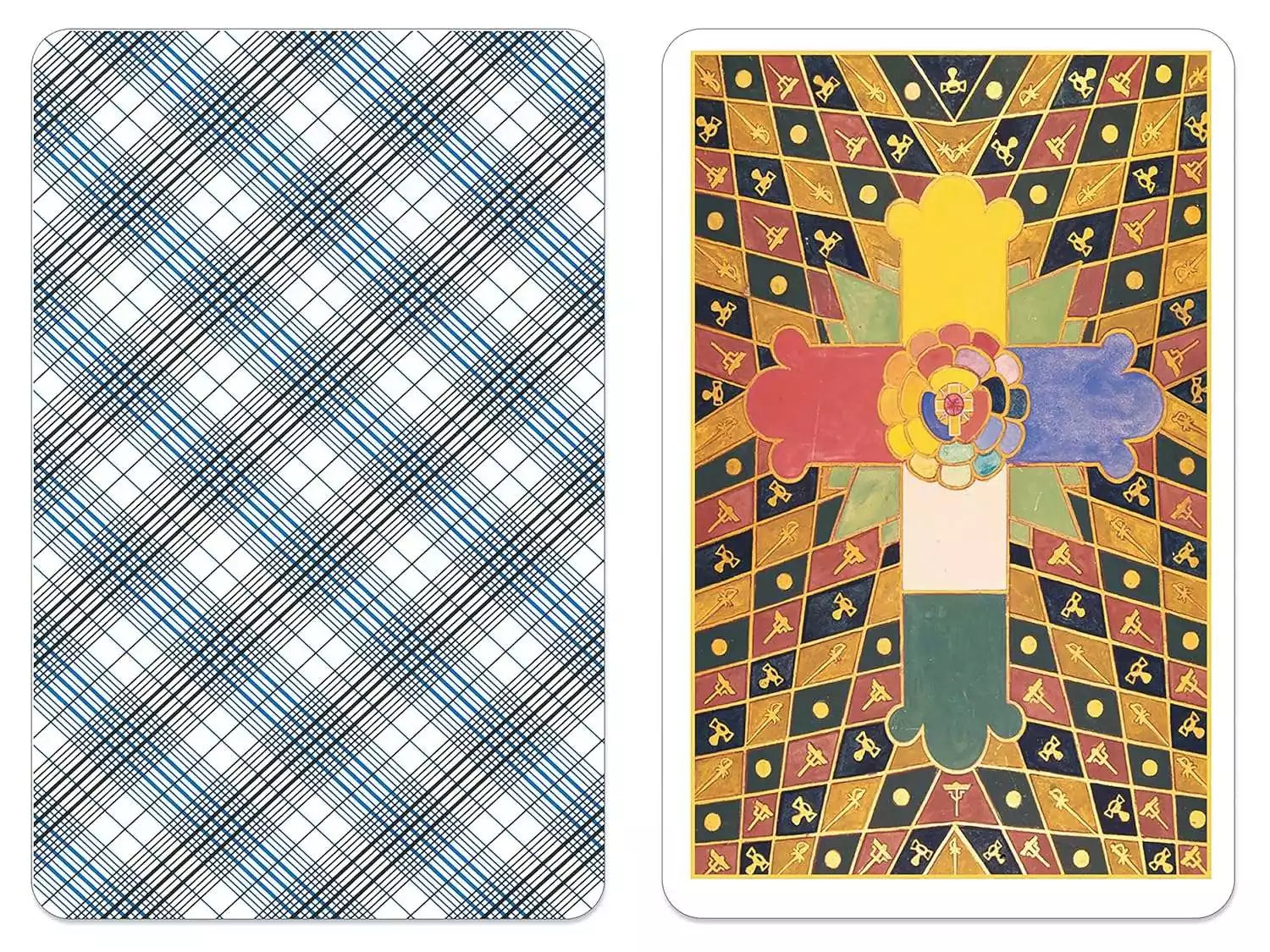 Tarot card back design featuring a colorful geometric cross with floral elements — plaid blue reverse pattern shown alongside.