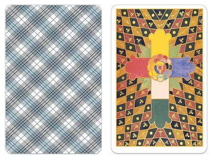 Tarot card back design featuring a colorful geometric cross with floral elements — plaid blue reverse pattern shown alongside.