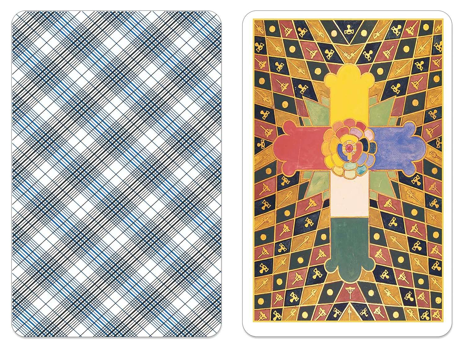 Tarot card back design featuring a colorful geometric cross with floral elements — plaid blue reverse pattern shown alongside.