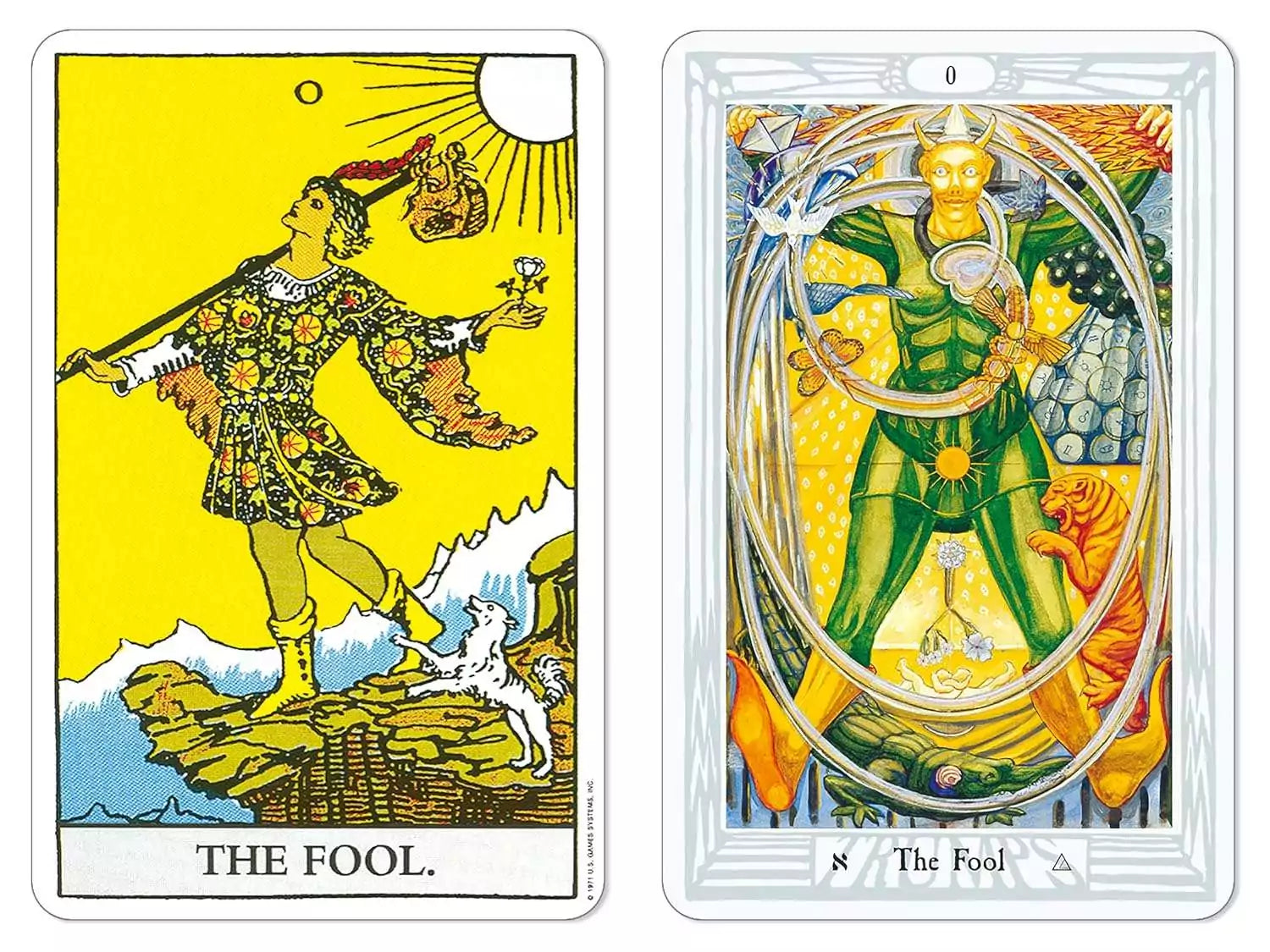 Two versions of The Fool tarot card: the classic Rider-Waite illustrated version on the left and a modern Thoth interpretation on the right.