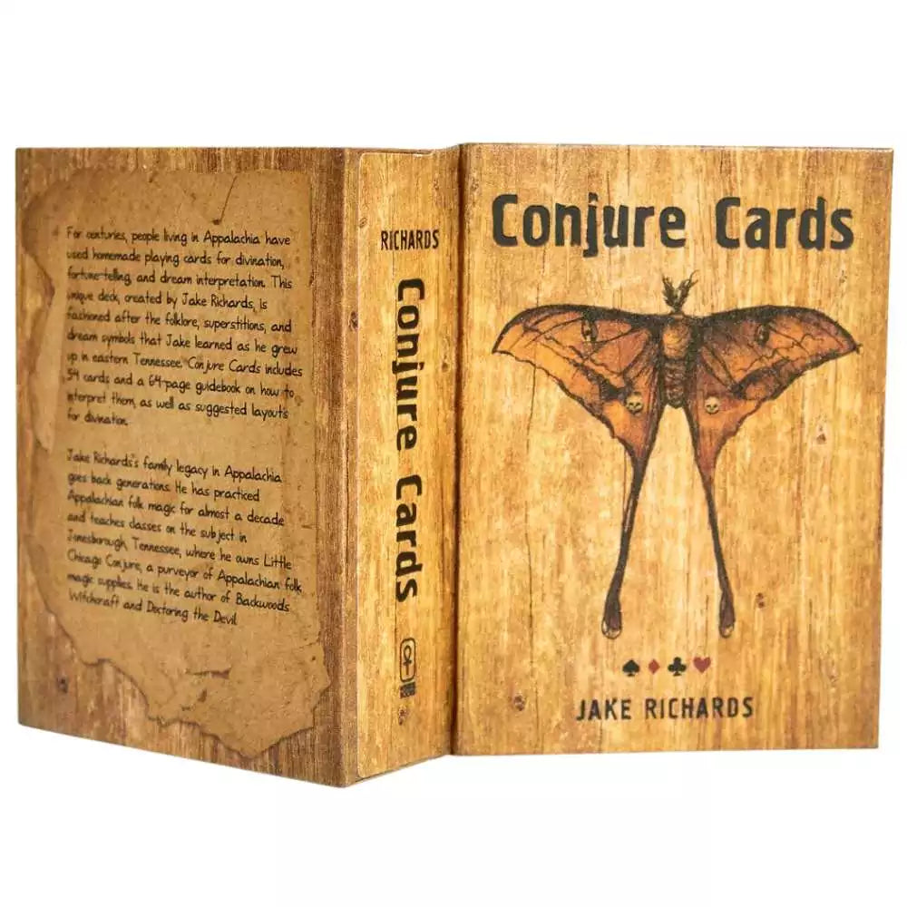Vintage-style box cover for Conjure Cards by Jake Richards with a butterfly illustration and folk magic hand-lettered title.