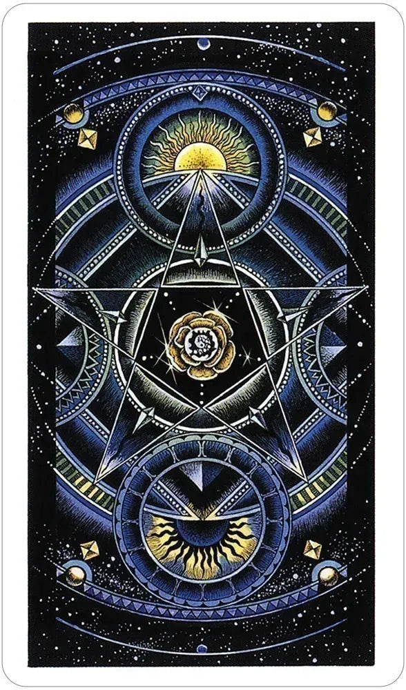 Cosmic Tarot card showing photorealistic portrait with celestial and astrological imagery in rich colour