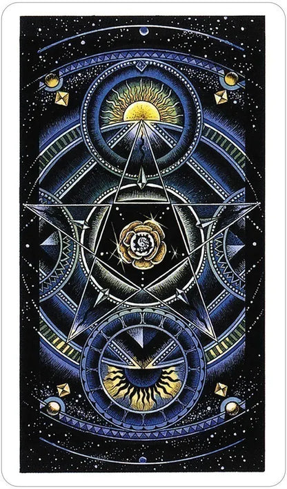 Cosmic Tarot card showing photorealistic portrait with celestial and astrological imagery in rich colour