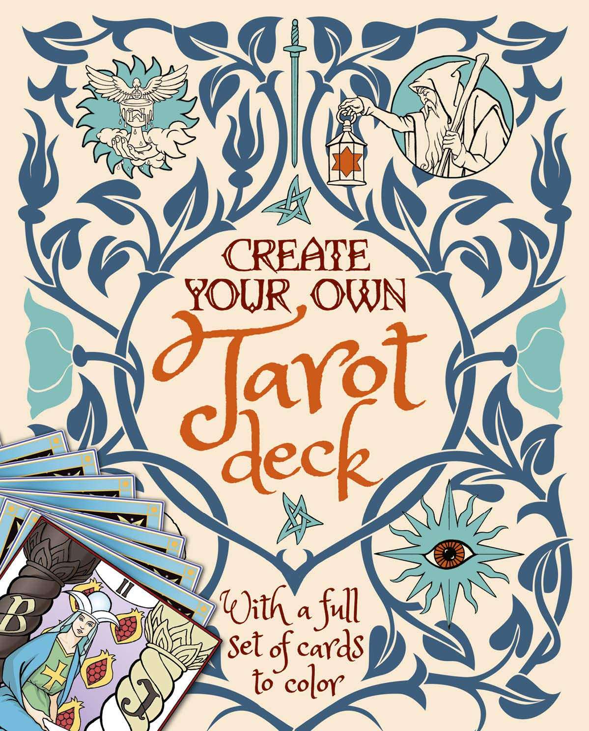 Create Your Own Tarot Deck coloring kit cover featuring illustrated tarot card borders and the product title.