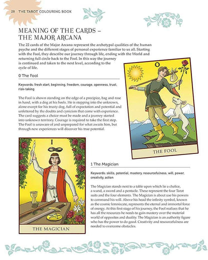 Major Arcana description page from the Create Your Own Tarot Deck coloring book showing card names and blank line-art.