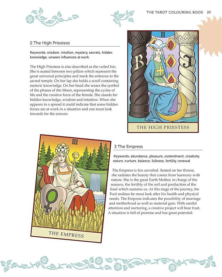 Two hand-colored tarot cards — The High Priestess and another Major Arcana card — from the DIY tarot coloring deck kit.