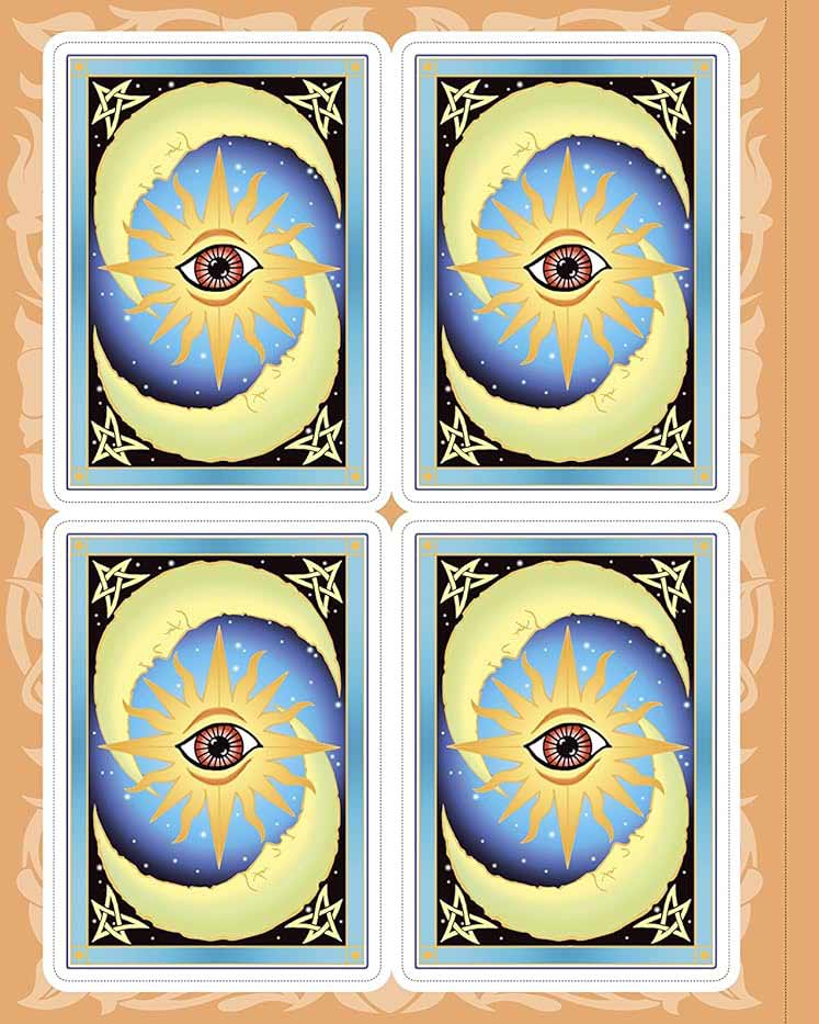 Four colored tarot cards with swirling blue and yellow patterns from the Create Your Own Tarot Deck coloring kit.