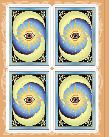 Four colored tarot cards with swirling blue and yellow patterns from the Create Your Own Tarot Deck coloring kit.