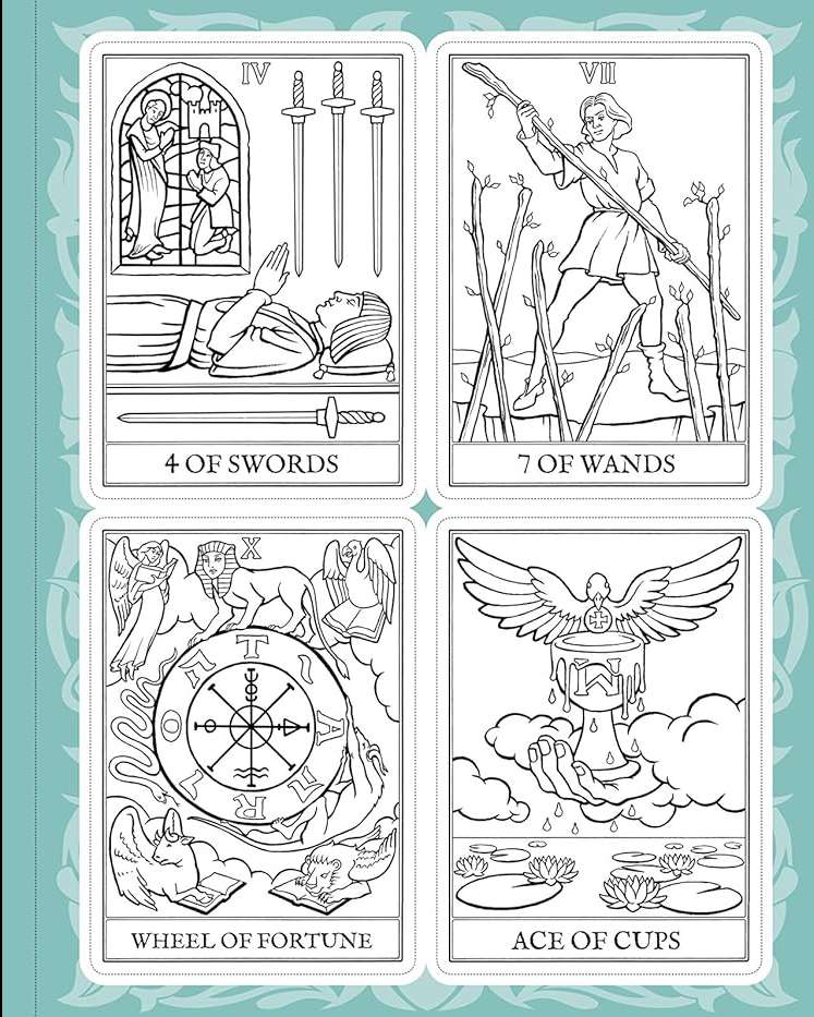 Four completed tarot cards showing 4 of Swords, 7 of Wands, Wheel of Fortune, and Ace — colored examples from the DIY deck kit.