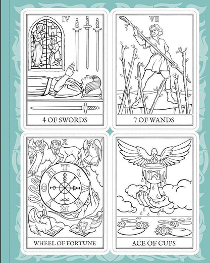 Four completed tarot cards showing 4 of Swords, 7 of Wands, Wheel of Fortune, and Ace — colored examples from the DIY deck kit.