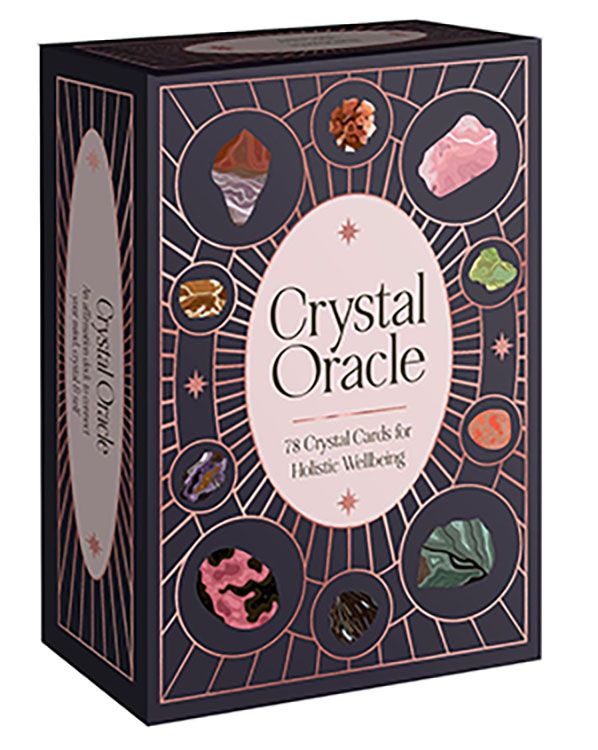 Decorative boxed set of 78 Crystal Oracle cards featuring gemstone imagery, elegant starfield design, and oval central label on the box.
