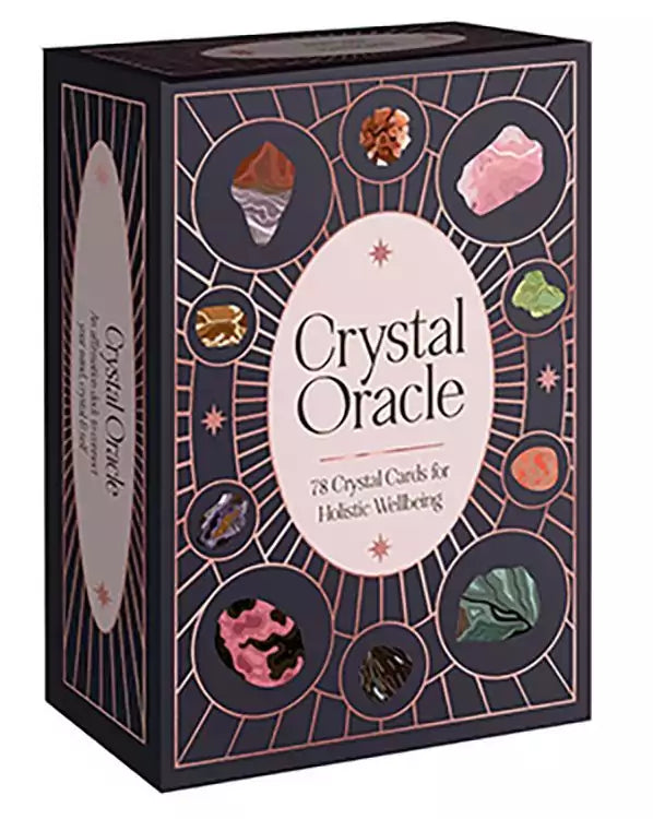 Decorative boxed set of 78 Crystal Oracle cards featuring gemstone imagery, elegant starfield design, and oval central label on the box.