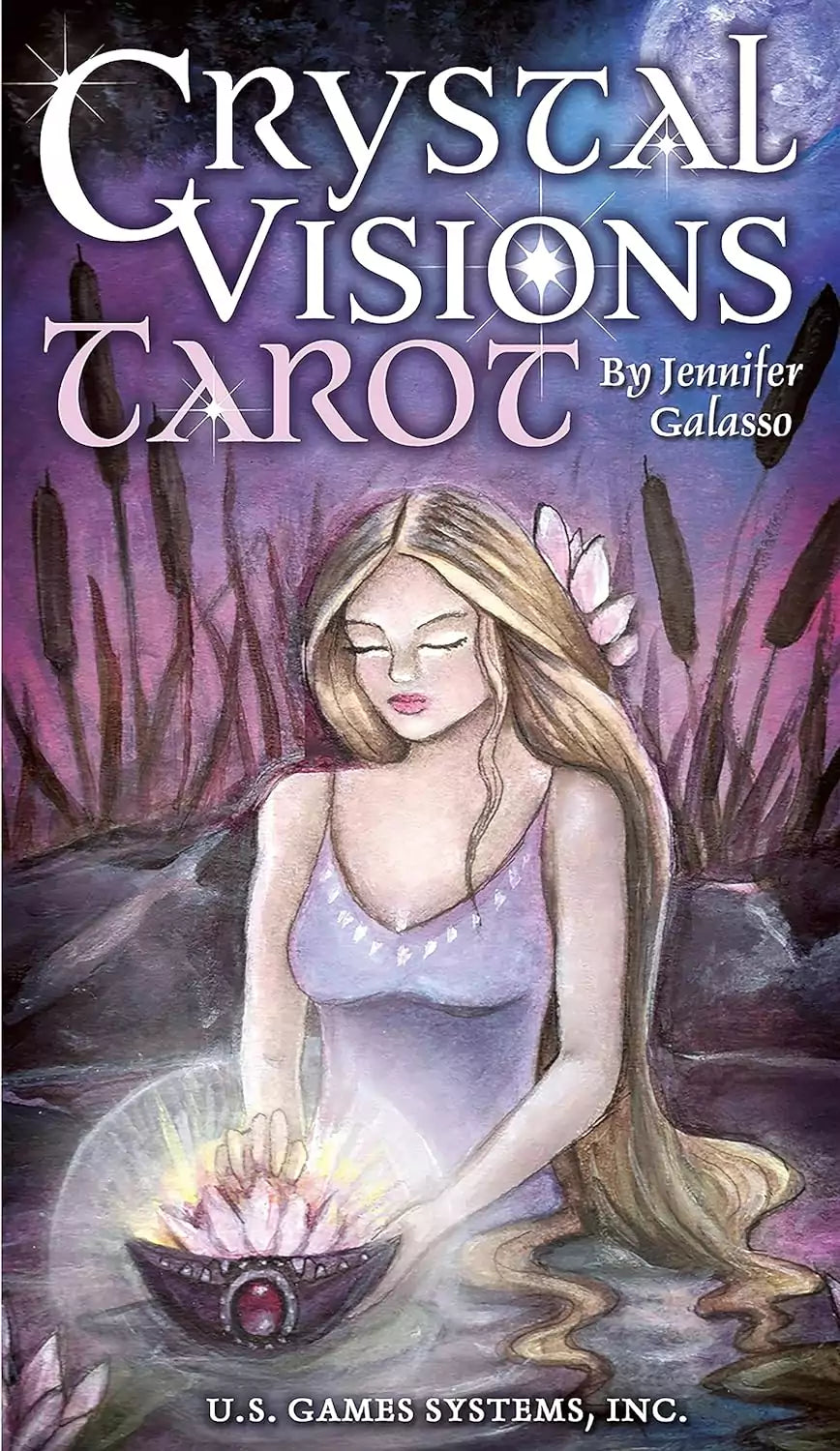 Crystal Visions Tarot box cover by Jenifer Galasso showing a mystical woman holding a glowing crystal bowl surrounded by lily pads and ethereal nature imagery.
