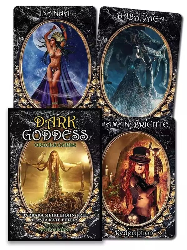 Four Dark Goddess Oracle cards featuring goddesses Inanna, Baba Yaga, Maman Brigitte, and Redemption with ornate dark artwork by Meiklejohn-Free and Peters.