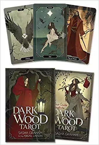 Dark Wood Tarot Deck and Book set by Sasha Graham and Abigail Larson — three illustrated tarot cards displayed with guidebook against a mystical dark forest backdrop.