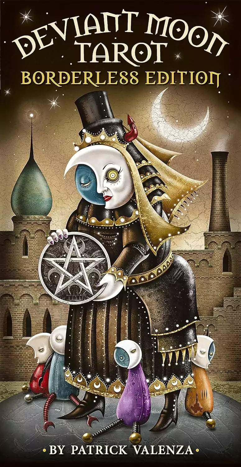 Deviant Moon Borderless Tarot card showing a whimsical character in a tall hat with a moonlit surreal cityscape behind