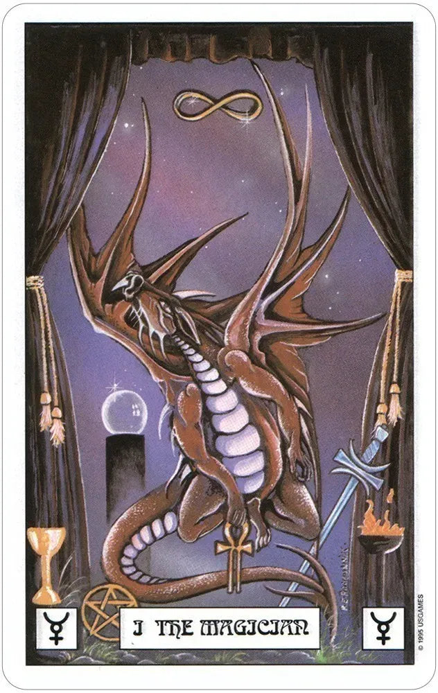 Dragon Tarot card showing a winged dragon in a mystical moonlit setting surrounded by ethereal mist