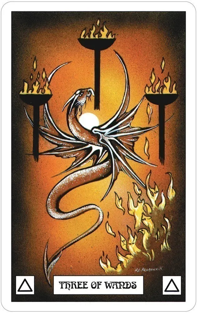 Dragon Tarot card with a dragon spreading its wings dramatically against a fiery orange background