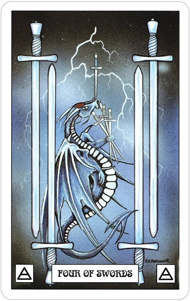 Dragon Tarot card depicting a skeletal dragon standing amidst four crossed swords in a battle scene