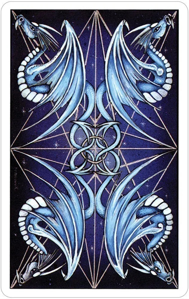 Dragon Tarot card featuring two stylized blue dragons facing each other in a symmetrical heraldic design