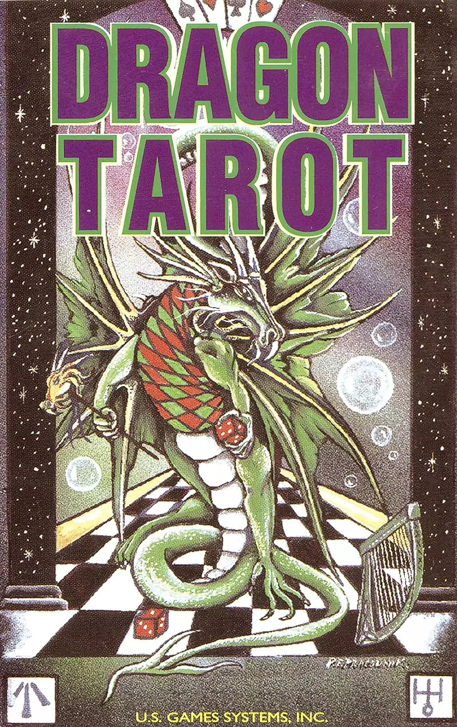 Dragon Tarot deck cover showing a colorful dragon with iridescent scales standing on a checkered floor