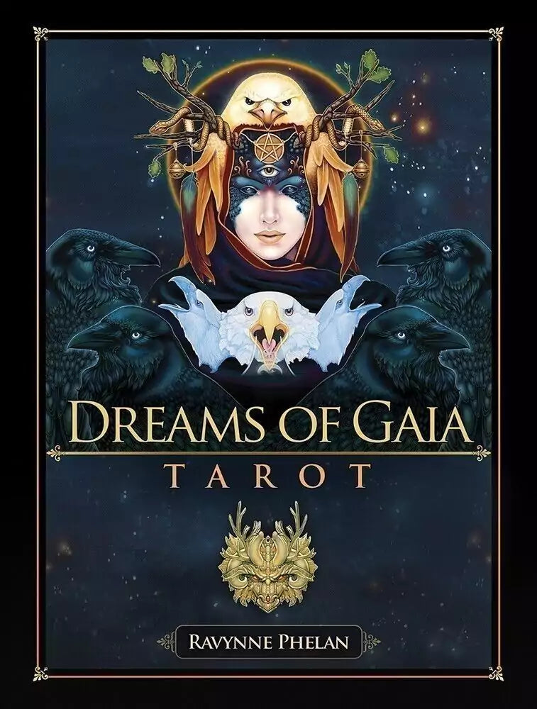 Dreams of Gaia Tarot deck cover featuring a central nature-adorned figure flanked by ravens and an eagle — vibrant, intricately detailed fantasy art.