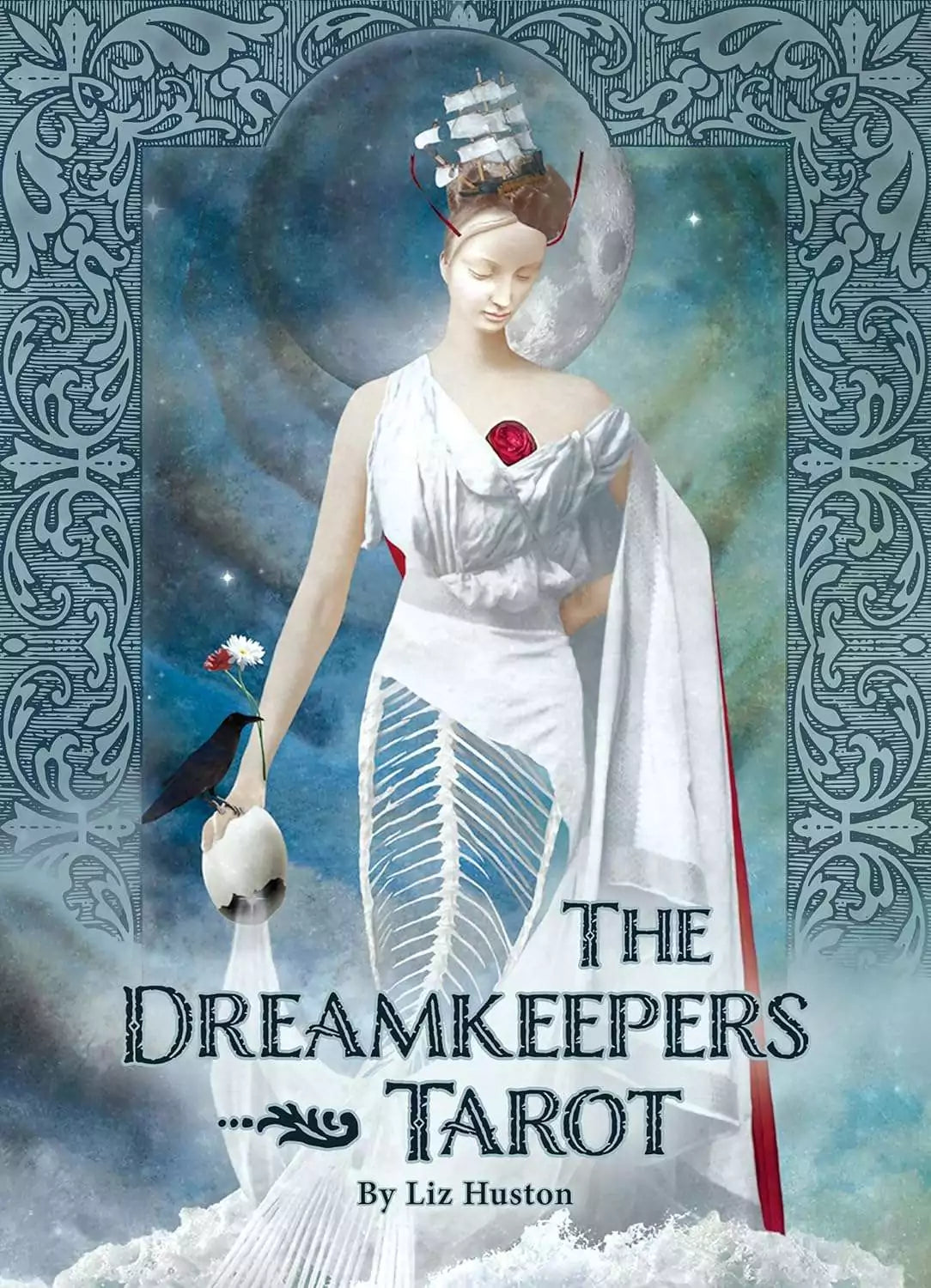 Dreamkeepers Tarot box cover showing a woman in a flowing white gown holding a swan and rose against a deep blue dreamscape background.