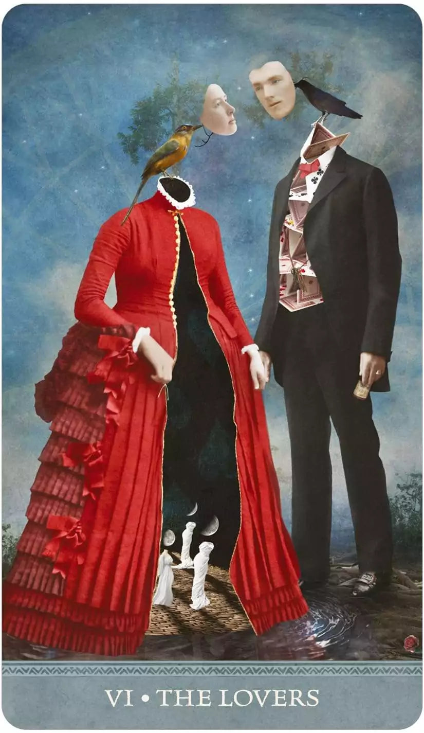 Two headless figures in vintage red dress and suit, representing a love card in the Dreamkeepers Tarot with surrealist imagery.