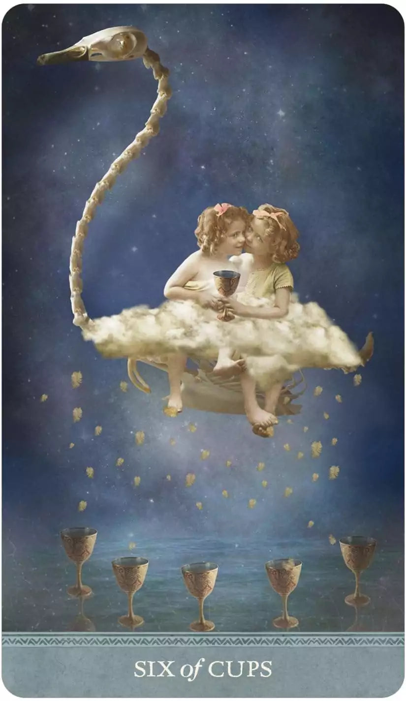Two children sharing cups on a cloud with a swan overhead, Dreamkeepers Tarot card depicting a nostalgic cups scene.