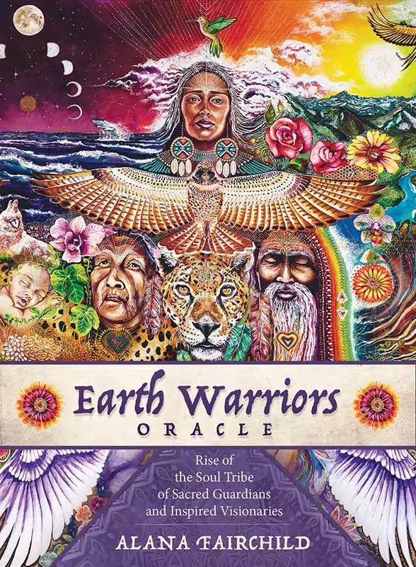 Earth Warriors Oracle card art featuring diverse spiritual guardian figures surrounded by nature imagery and symbolic elemental motifs.