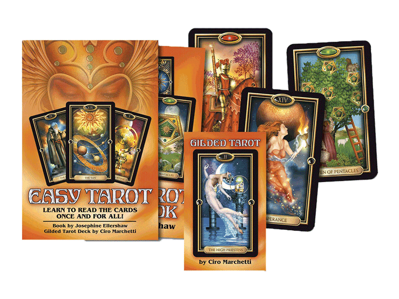 Easy Tarot deck and book set by Ellershaw and Marchetti showing tarot card box alongside guidebook and sample illustrated cards