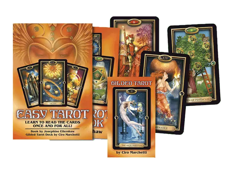 Easy Tarot deck and book set by Ellershaw and Marchetti showing tarot card box alongside guidebook and sample illustrated cards