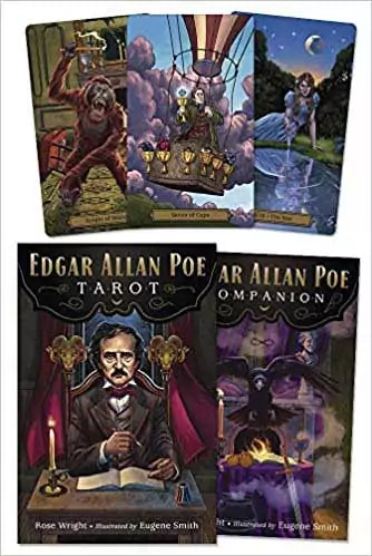 The Edgar Allan Poe Tarot deck and book by Wright and Smith showing a darkly illustrated tarot card with gothic Victorian imagery inspired by Poe&