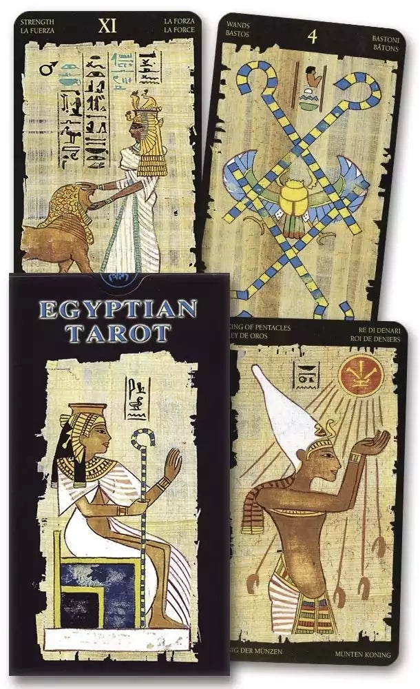Three Egyptian Tarot cards by Silvana Alasia displaying hieroglyphic motifs and richly colored figures of ancient Egyptian deities